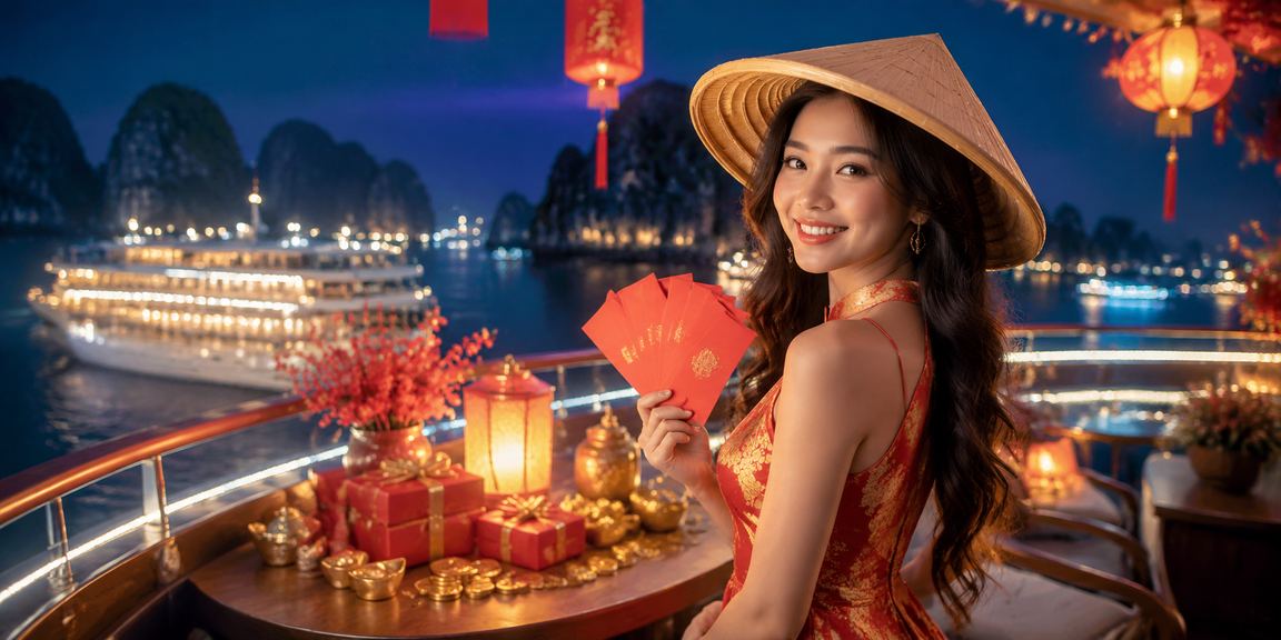 Phong bì đỏ ưu đãi thưởng khuyến mãi bên vịnh Hạ Long với nón lá Việt Nam