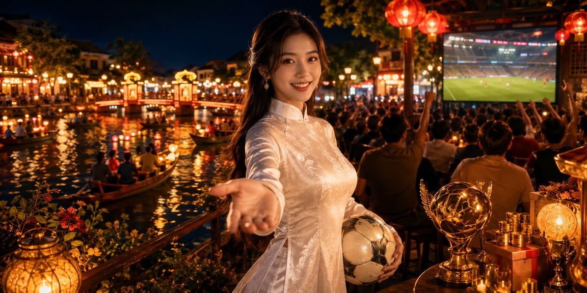 Fan bóng đá Hội An theo dõi kèo cược qua điện thoại trong trang phục áo dài