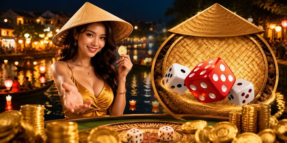 Bộ xúc xắc tài xỉu truyền thống bên chiếc nón lá Việt Nam tại Hội An